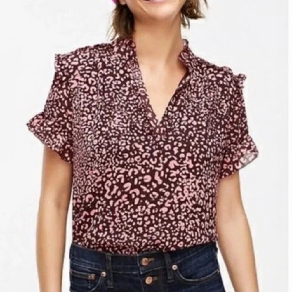 J. Crew Short-sleeve ruffle top in leopard Pink & Brown blouse top size M